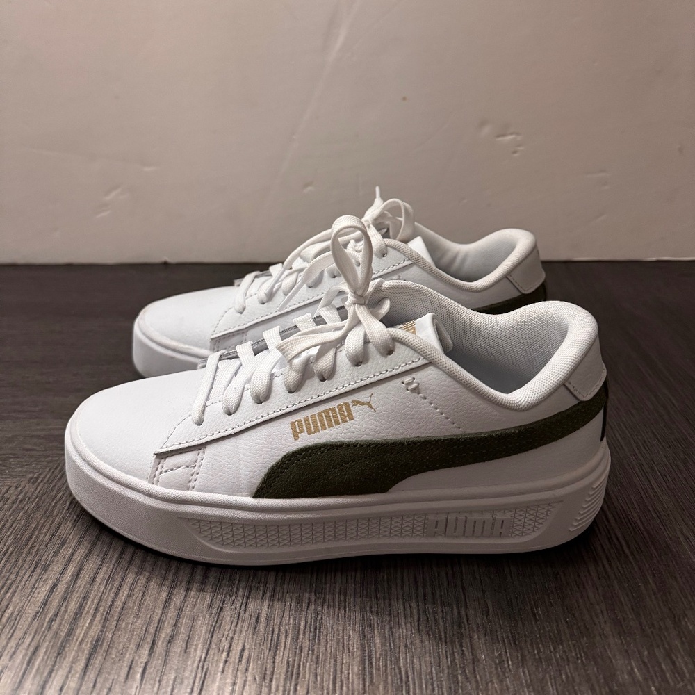 Puma White and Olive Green Platform Sneakers